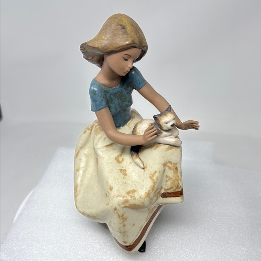 Lladro Girl with Cat Sculpture - Blue and Cream